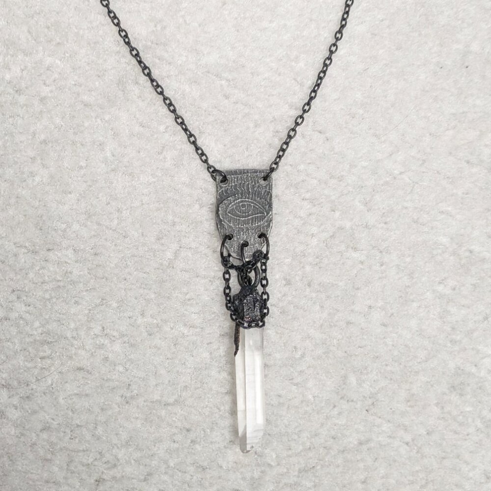 Raw Quartz Crystal Point Evil Eye Protective Talisman Necklace - Witchy, Gothic - Picture 2 of 7